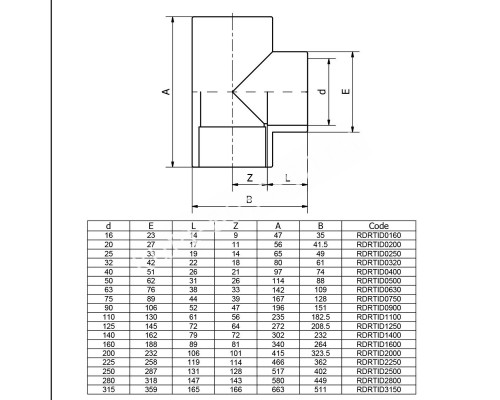 Тройник клеевой 90° EFFAST d40 мм (RDRTID0400) для бассейна