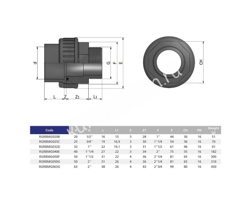Муфта разборная переходная HР EFFAST d20x1/2" (RGRBMG020B) для бассейна