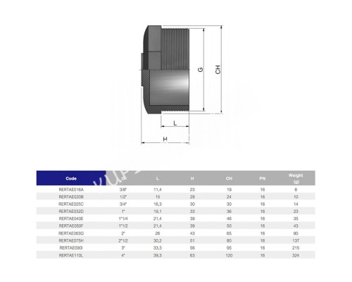 Заглушка ПВХ Effast RERTAE020B с наружной резьбой d1/2" для бассейна