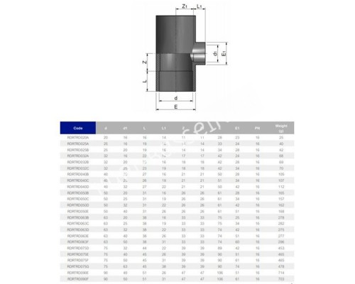 Тройник клеевой 90° редукционный EFFAST d25x16 мм (RDRTRD025A) для бассейна
