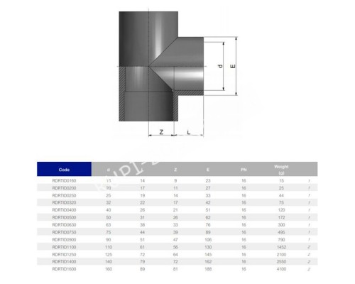 Тройник клеевой 90° EFFAST d16 мм (RDRTID0160) для бассейна