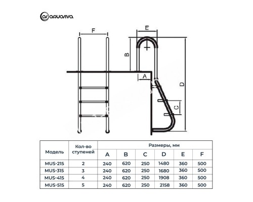 Лестница Aquaviva MUS-515 (5 ступ.) для бассейна и облегченного спуска