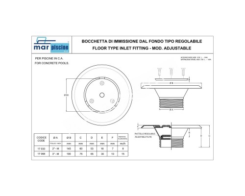 Форсунка донная под бетон Marpiscine 17033 (2") нерж.сталь для бассейна
