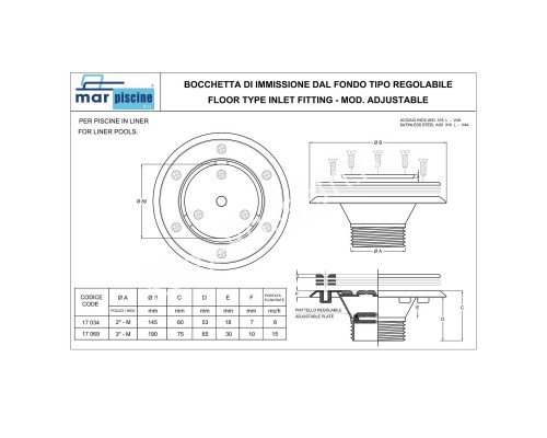 Форсунка донная под лайнер Marpiscine 17034 (2") нерж.сталь для бассейна