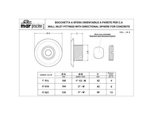 Форсунка стеновая под бетон Marpiscine 17018 (1.5") нерж.сталь для бассейна Форсунка стеновая под бетон Marpiscine 17018 (1.5") нерж.сталь для бассейна