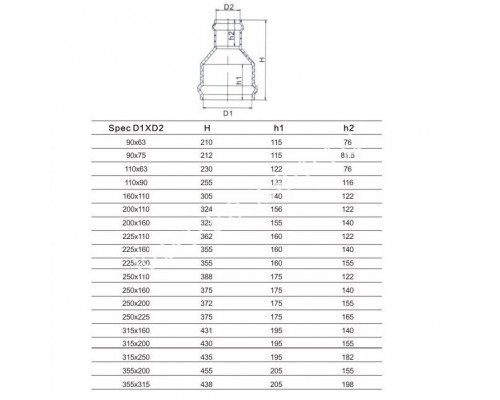 Патрубок переходной двухраструбный 225*160 мм для бассейна