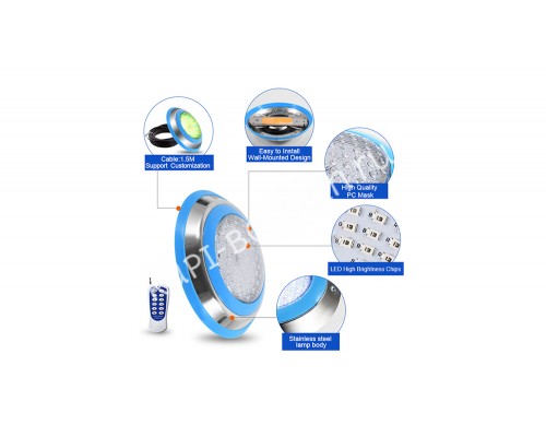 Прожектор накладной из нерж. стали рамка синяя (18Вт/12В) LED RGB с пультом Tadpole JKD-YC230-SP