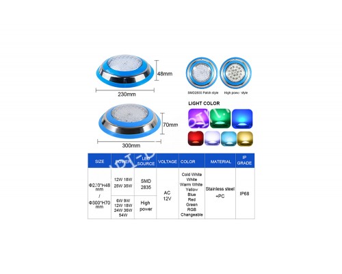 Прожектор накладной из нерж. стали рамка синяя (18Вт/12В) LED Cold white Tadpole JKD-YC230-SP