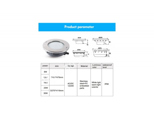 Прожектор из нерж. стали (18Вт/12В) (плитка) LED Cold white Tadpole JKD-QR195-S
