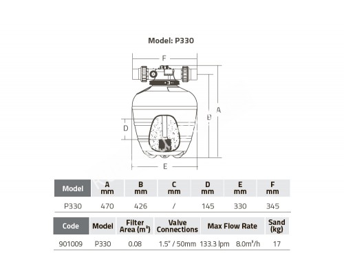 Фильтр д.330мм (верх.подсоед.50мм) Emaux P330 9010009