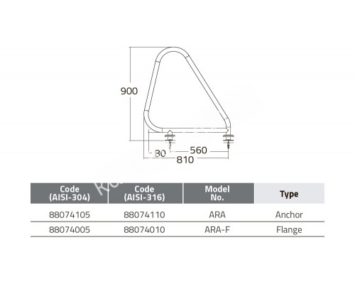Поручни из нерж. стали AISI-316 д/обществ.бас.(компл.2 шт.)ARA-F Emaux88074010 с закладными в сборе