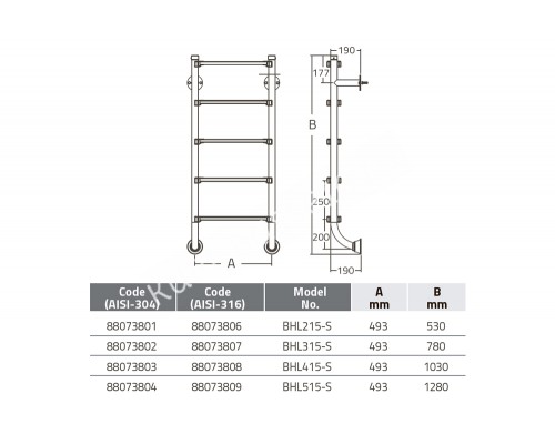 Лестница без поручней 4 ступени Emaux BHL415-S (88077103) с закладными в сборе