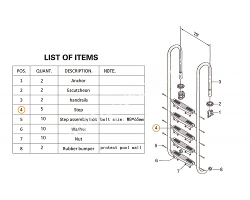 Ступень из нерж. стали AISI-304 с резиновой накладкой лестницы Mayer Schwimmbad