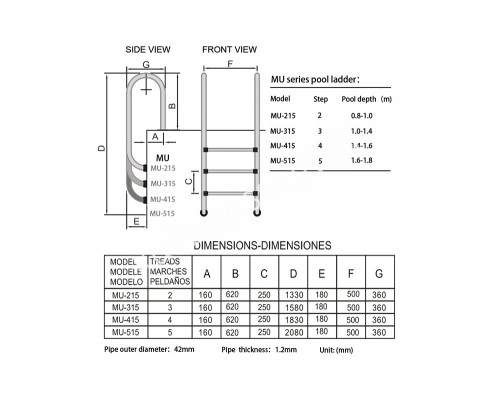Лестница 5 ступеней (у.б.) Mayer Schwimmbad MURO MU-515  AISI-316 (Ступени без накладок)