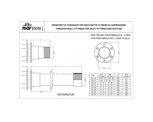 Проход стеновой под лайнер Marpiscine 18111 (1.5") нерж.сталь
