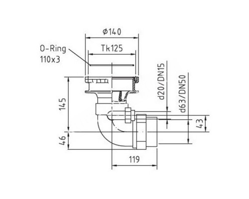 Проход донный Fitstar 8663450 для Combi-Whirl, под форсунку 63 мм, 90°, 191 мм