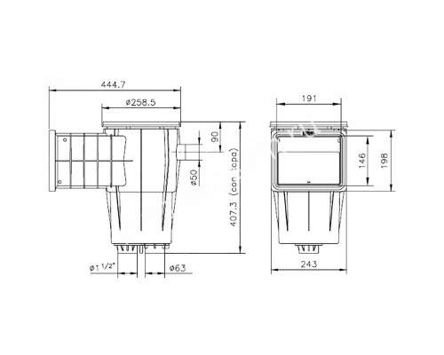 Скиммер Kripsol SKSLI лайнер Standard квадратная крышка 63mm/1.5", латунные вставки для бассейна
