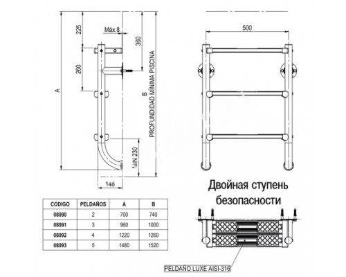 Лестница Split без поручней 4 ступени + 1 предохран.ступень для бассейна AISI-316 Лестница Split без поручней 4 ступени + 1 предохран.ступень для бассейна AISI-316