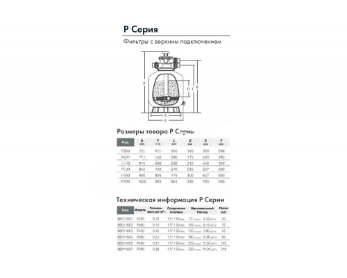 Фильтр д.400мм (верх. подсоед. 50мм) Emaux P400 (Opus) для бассейна