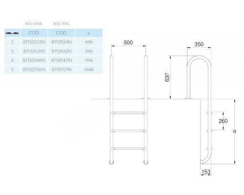 Лестница 3 ступени (у.б.) Flexinox WALL (87132031) для бассейна