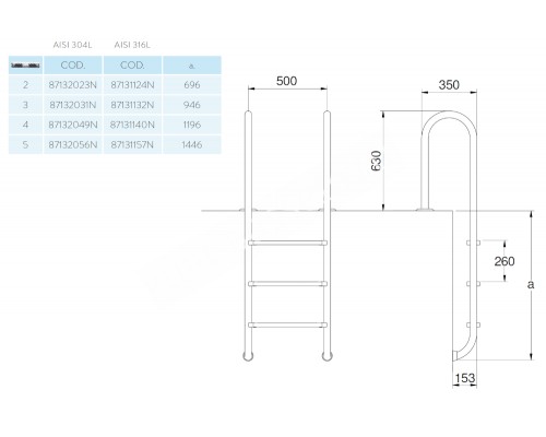 Лестница 3 ступени (у.б.) Flexinox WALL AISI-316 для бассейна