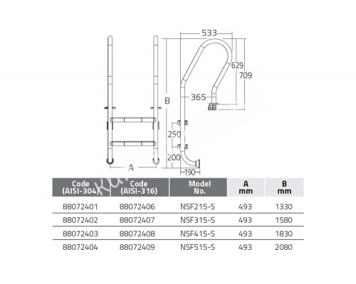 Лестница 4 ступени (у.б.) Emaux NSF415-S AISI-316 для бассейна Лестница 4 ступени (у.б.) Emaux NSF415-S AISI-316 для бассейна