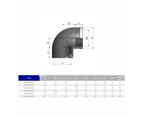 Угол 90° c металлическим кольцом EFFAST d20x1/2" для бассейна