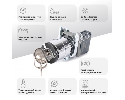 Переключатель SB4 в сборе модульный 22мм 2 позиции с фиксацией ключ 2пол 1НО