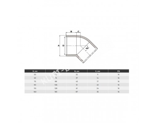 Угол клеевой 45° d50 PN10 AQUAVIVA