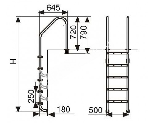 Лестница L, 5 ступ. с накладкой люкс, нерж. AISI-304 для бассейна