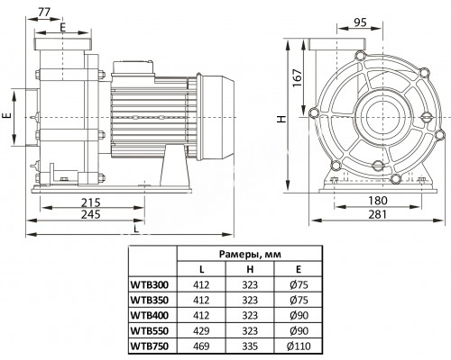 Насос WTB350 (WTB250) для бассейна, без префильтра, 52м³/час, 220В