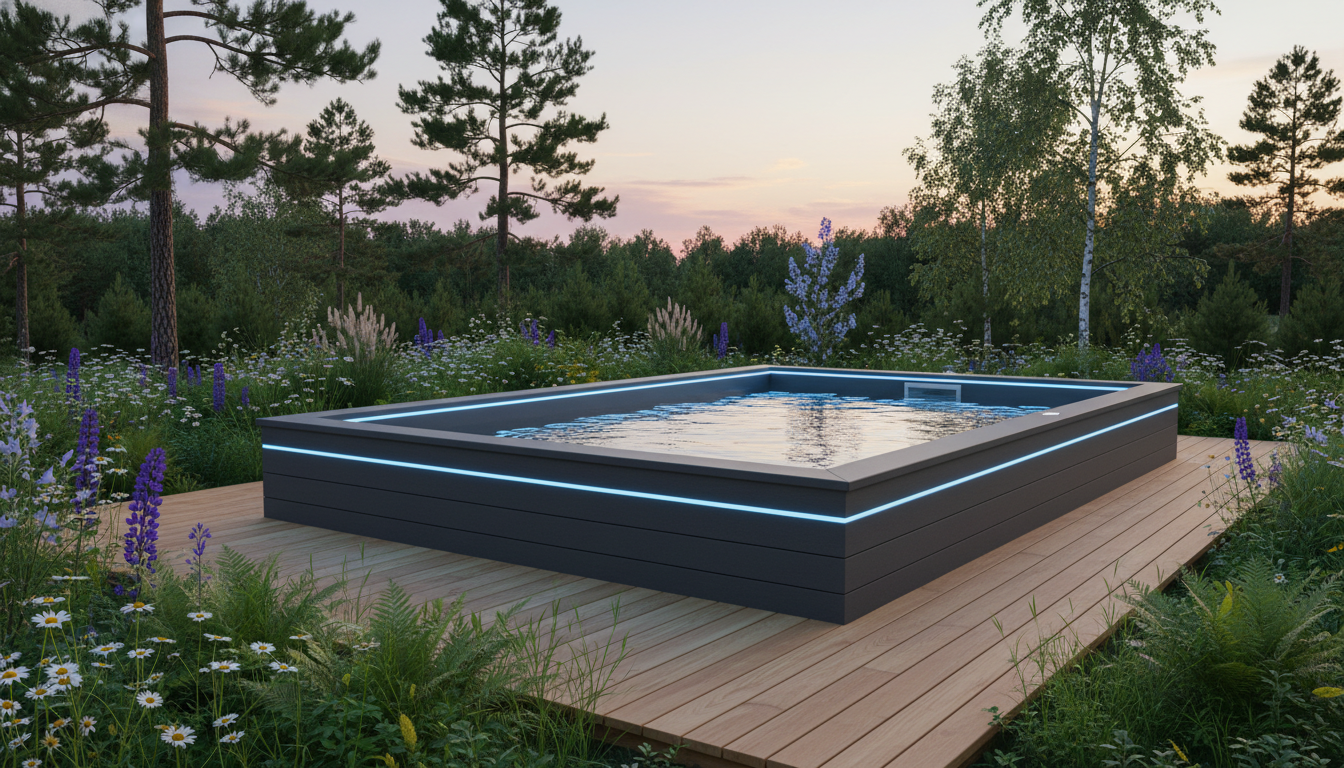Компактный смарт бассейн swim spa на небольшом участке современный дизайн LED подсветка