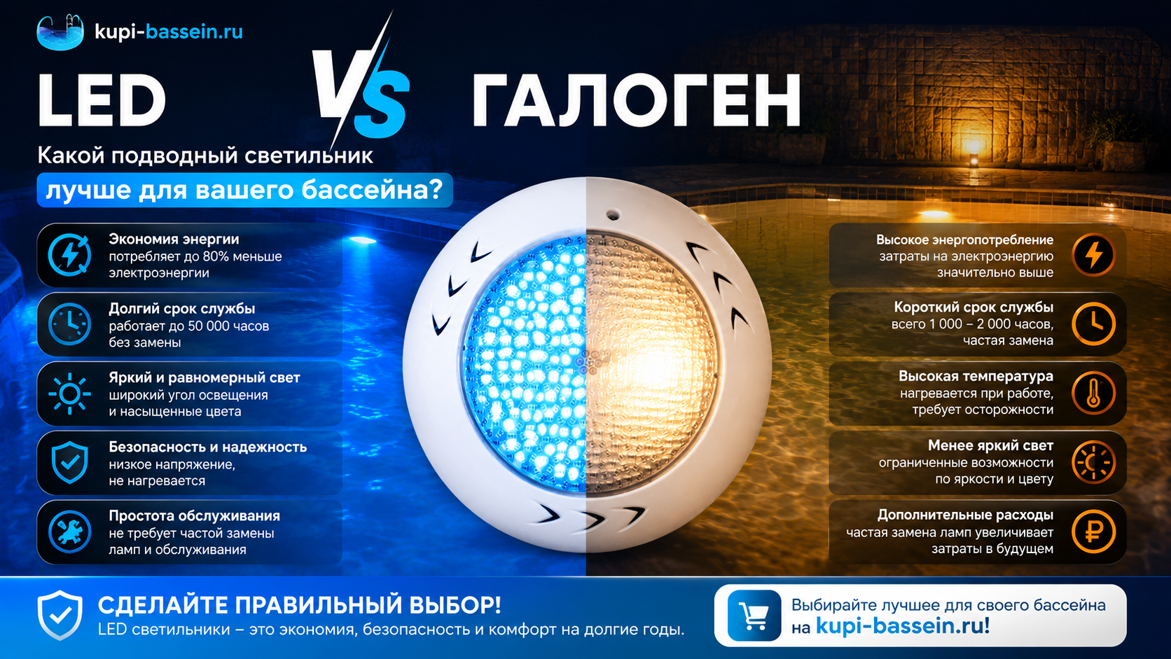 LED vs галоген освещение бассейна