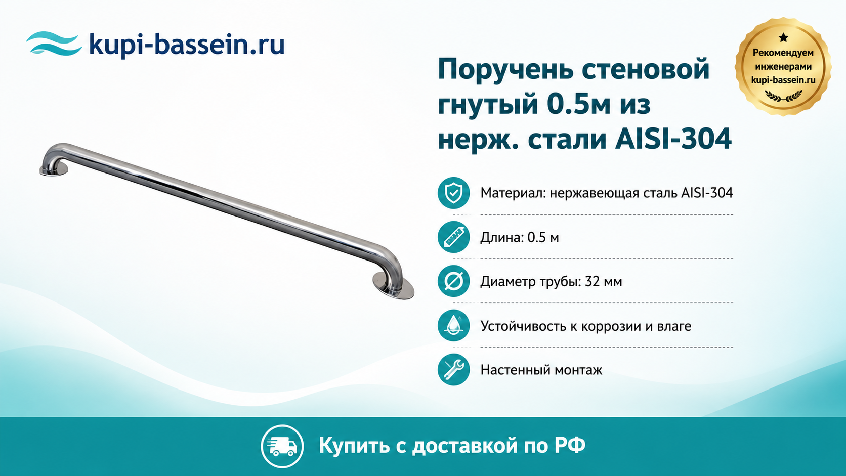 Поручень стеновой гнутый 0.5м из нерж. стали AISI-304 - kupi-bassein.ru